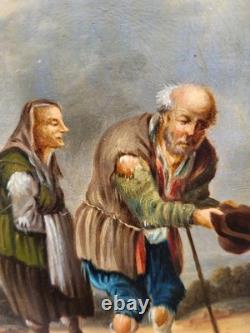 Tableau ancien. Scène de genre. Peinture huile sur toile Reposant sur carton