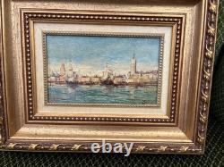Tableau ancien Vue de Venise Huile sur panneau encadré signée LEROUX