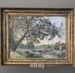 Tableau ancien XIX paysage impressionnisme lacustre cascades village foret signé