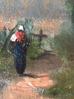 Tableau ancien XIXe Barbizon Paysage Paysanne sur un chemin Huile panneau signée