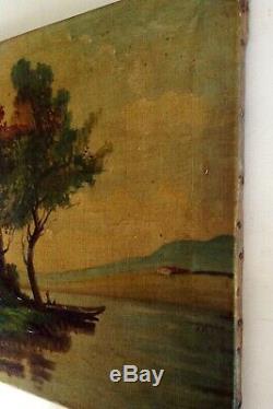 Tableau ancien XIXe Barbizon Paysage animé à la barque Huile sur toile