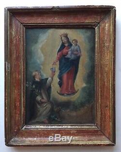 Tableau ancien XIXe Portrait de la Vierge Marie Huile sur panneau 19eme