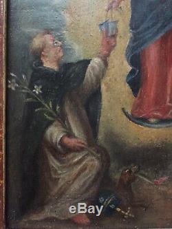 Tableau ancien XIXe Portrait de la Vierge Marie Huile sur panneau 19eme