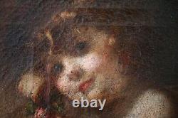 Tableau ancien, XIXe Siècle, Mère et enfant à la rose, Anonyme, Huile sur toile