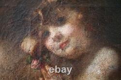 Tableau ancien, XIXe Siècle, Mère et enfant à la rose, Anonyme, Huile sur toile
