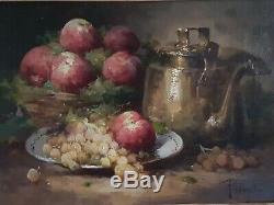Tableau ancien XIXe huile sur toile Nature morte aux fruits cadre très décoré