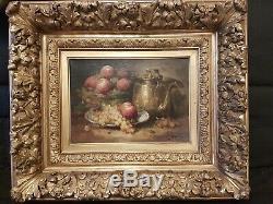Tableau ancien XIXe huile sur toile Nature morte aux fruits cadre très décoré