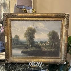 Tableau ancien XIXe huile sur toile paysage signé cadre doré vintage décoration