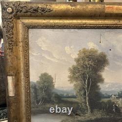 Tableau ancien XIXe huile sur toile paysage signé cadre doré vintage décoration