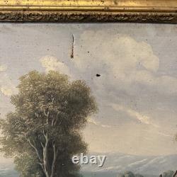 Tableau ancien XIXe huile sur toile paysage signé cadre doré vintage décoration