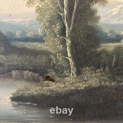 Tableau ancien XIXe huile sur toile paysage signé cadre doré vintage décoration