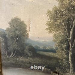 Tableau ancien XIXe huile sur toile paysage signé cadre doré vintage décoration