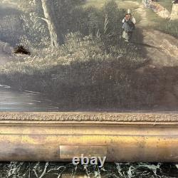 Tableau ancien XIXe huile sur toile paysage signé cadre doré vintage décoration