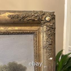 Tableau ancien XIXe huile sur toile paysage signé cadre doré vintage décoration