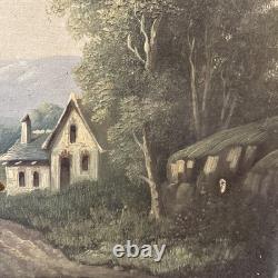 Tableau ancien XIXe huile sur toile paysage signé cadre doré vintage décoration