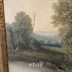 Tableau ancien XIXe huile sur toile paysage signé cadre doré vintage décoration