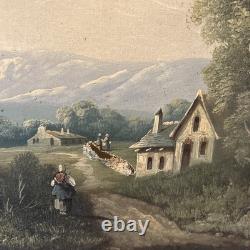 Tableau ancien XIXe huile sur toile paysage signé cadre doré vintage décoration