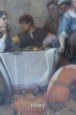Tableau ancien XVIIIème école du nord école Flamande banquet scène Gerard dou