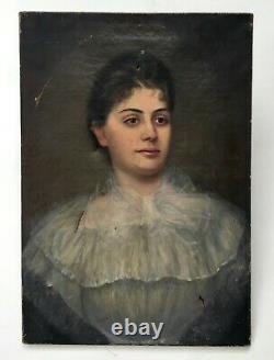 Tableau ancien à restaurer, Huile sur toile, Portrait de femme, Fin XIXe