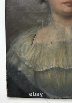 Tableau ancien à restaurer, Huile sur toile, Portrait de femme, Fin XIXe