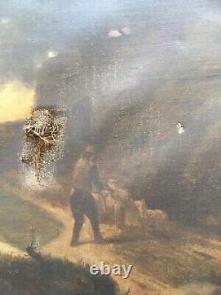 Tableau ancien à restaurer, Scène bucolique, Huile sur toile, Peinture, XIXe