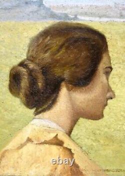 Tableau ancien beau portrait de femme post-impressionnisme signé fin XIXème