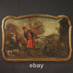 Tableau ancien cadre huile sur toile saccage de la ville peinture 17ème siècle