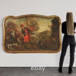 Tableau ancien cadre huile sur toile saccage de la ville peinture 17ème siècle