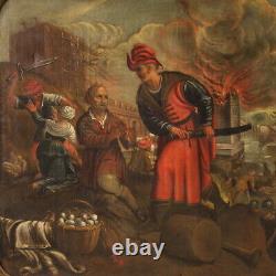 Tableau ancien cadre huile sur toile saccage de la ville peinture 17ème siècle