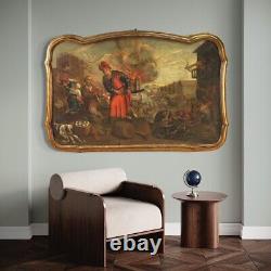 Tableau ancien cadre huile sur toile saccage de la ville peinture 17ème siècle