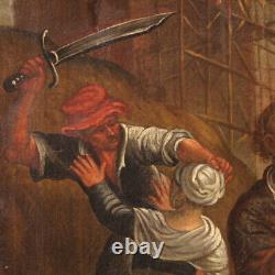 Tableau ancien cadre huile sur toile saccage de la ville peinture 17ème siècle