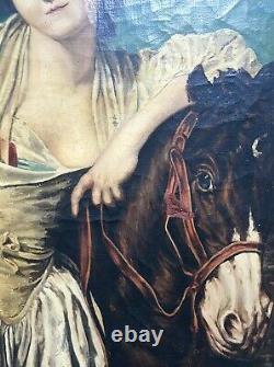 Tableau ancien dlg de Greuze, Huile sur toile, Laitière et son cheval, XIXe