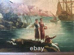 Tableau ancien encadré, Marine animée, Huile sur toile, XIXe ou avant