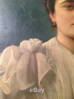 Tableau ancien fin XIXe Portrait de Jeune Femme au bouquet Fleur Huile sur toile