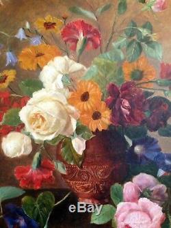 Tableau ancien fin XIXeme Bouquet de Roses et fleurs sur entablement c1879