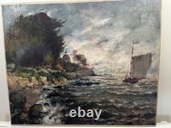 Tableau ancien hst marine voilier sur mer formée impressionisme signé 1905