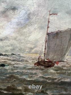 Tableau ancien hst marine voilier sur mer formée impressionisme signé 1905