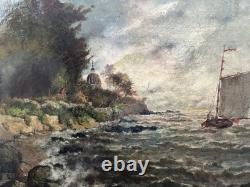 Tableau ancien hst marine voilier sur mer formée impressionisme signé 1905