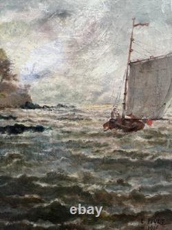 Tableau ancien hst marine voilier sur mer formée impressionisme signé 1905