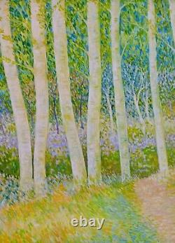 Tableau ancien hst sous-bois bouleaux Pointillisme Néo-impressionnisme signé