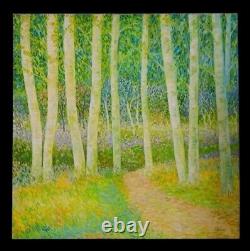 Tableau ancien hst sous-bois forêt les bouleaux Pointillisme Néo-impressionnisme