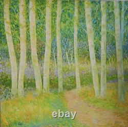 Tableau ancien hst sous-bois forêt les bouleaux Pointillisme Néo-impressionnisme