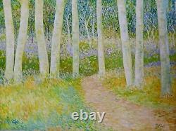 Tableau ancien hst sous-bois forêt les bouleaux Pointillisme Néo-impressionnisme