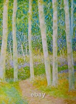Tableau ancien hst sous-bois forêt les bouleaux Pointillisme Néo-impressionnisme