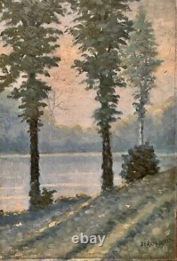 Tableau ancien huile XIX paysage lacustre arbres impressionnisme Deruyk