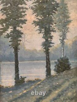 Tableau ancien huile XIX paysage lacustre arbres impressionnisme Deruyk