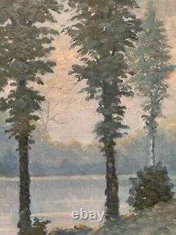 Tableau ancien huile XIX paysage lacustre arbres impressionnisme Deruyk