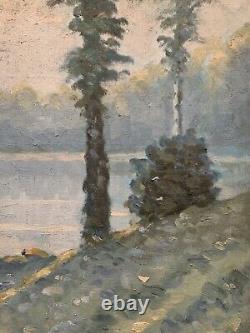 Tableau ancien huile XIX paysage lacustre arbres impressionnisme Deruyk