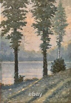 Tableau ancien huile XIX paysage lacustre arbres impressionnisme Deruyk