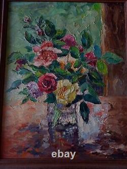 Tableau ancien huile bouquet de roses XX